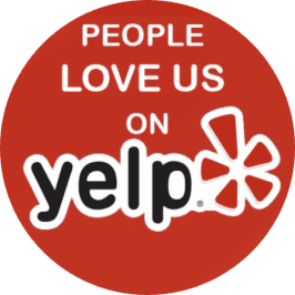 Yelp-Logo Red circle with white text: "People love us on Yelp" and the Yelp logo with a red starburst.